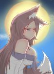  1girl animal_ears breasts brown_hair commentary_request cube85 full_moon highres imaizumi_kagerou large_breasts long_hair moon pout red_eyes signature solo tail touhou wolf_ears wolf_tail 