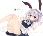  1girl absurdres animal_ears apron ass barefoot blue_dress blue_eyes braid check_translation dress gijxgij hair_between_eyes hair_ribbon highres izayoi_sakuya looking_at_viewer maid maid_headdress panties puffy_short_sleeves puffy_sleeves rabbit_ears ribbon shirt short_hair short_sleeves silver_hair simple_background sketch solo thighs touhou translation_request tress_ribbon twin_braids underwear waist_apron white_background white_panties white_shirt 