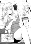  1girl alternate_costume alternate_hairstyle blush breasts cleavage comic commentary holding_phone kantai_collection kashima_(kantai_collection) lying monochrome on_back phone pillow solo twitter_username wangphing 