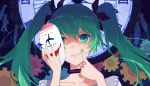  1girl choker finger_to_eye gears green_eyes green_hair green_nails hatsune_miku highres karakuri_pierrot_(vocaloid) long_hair mask nail_polish solo sparrow_(xici9527) tears twintails upper_body very_long_hair vocaloid 