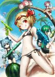  6+girls alolan_exeggutor antennae barefoot beach bikini bird_wings blonde_hair blue_hair blue_sky cirno closed_eyes daiyousei day dutch_angle exeggutor fairy_wings flat_chest food fruit green_eyes green_hair hair_ribbon highres ice ice_wings innertube izayoi_sakuya kazami_yuuka kneeling looking_at_viewer medicine_melancholy multiple_girls mystia_lorelei navel one-piece_swimsuit one_eye_closed palm_tree pink_hair pokemon pokemon_(game) pokemon_sm red_bikini red_eyes red_ribbon redhead ribbon rumia sandals school_uniform sekibanki side-tie_bikini silver_hair sky smile spark621 striped striped_bikini summer sunglasses sunglasses_on_head swimsuit tatara_kogasa tongue tongue_out touhou tree umbrella visor_cap wading water water_gun watermelon wings wriggle_nightbug yukkuri_shiteitte_ne 