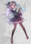  1girl angel_wings black_dress book boots character_name commentary_request dress drill_hair gothic_lolita hair_ribbon idolmaster idolmaster_cinderella_girls kanzaki_ranko lolita_fashion long_sleeves open_mouth pantyhose red_eyes ribbon silver_hair smile solo tsukigami_runa twin_drills twintails wings 