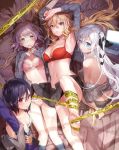 4girls barefoot blonde_hair blue_eyes bra breasts brown_eyes caution_tape character_request cleavage computer girl_m green_eyes heart heart-shaped_pupils keep_out laptop multiple_girls navel panties parted_lips purple_hair red_eyes red_string side_ponytail silver_hair skirt string symbol-shaped_pupils underwear undressing weapon_bag 