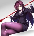  1girl emanon123 fate/grand_order fate_(series) formal gae_bolg long_hair pantyhose polearm purple_hair red_eyes scathach_(fate/grand_order) sitting skirt_suit smile solo spear suit weapon 