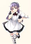  1girl apron cup dress long_hair maid maid_headdress mary_janes original purple_hair shoes smile solo standing_on_one_leg striped striped_legwear teacup teapot thigh-highs tray violet_eyes 