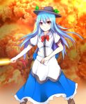  &gt;:) 1girl blue_eyes blush boots clouds dress explosion flat_chest food food_on_head fruit fruit_on_head hat hinanawi_tenshi looking_at_viewer merukiarisu object_on_head peach red_eyes smile solo sword_of_hisou touhou 