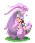  1girl bow brown_hair closed_eyes goodra grass hat heart nishimura_(prism_engine) open_mouth pokemon pokemon_(creature) pokemon_(game) pokemon_xy riding round_teeth shirt short_shorts shorts slime smile striped striped_shirt teeth twintails wristband 