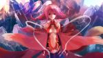  1girl absurdres bare_shoulders black_legwear breasts center_opening cleavage detached_sleeves elbow_gloves fingerless_gloves gloves guilty_crown hair_ornament hairclip highres looking_at_viewer navel pink_hair red_eyes smile solo twintails xi_chen_chen yuzuriha_inori 