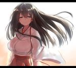  1girl akagi_(kantai_collection) arms_at_sides black_hair breasts brown_eyes collarbone cowboy_shot eyebrows eyebrows_visible_through_hair floating_hair hair_between_eyes hakama_skirt isshiki_(ffmania7) japanese_clothes kantai_collection kimono large_breasts long_hair long_sleeves looking_at_viewer miko red_skirt simple_background skirt sleeves_past_elbows smile solo very_long_hair white_background wind 