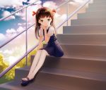  1girl bangs blurry brown_hair clouds cloudy_sky day full_body hair_ornament kinmedai_(feeno) light_smile long_hair looking_at_viewer mary_janes original outdoors pantyhose plaid railing shiny shiny_hair shoes short_sleeves sitting skirt sky solo stairs twintails white_legwear 