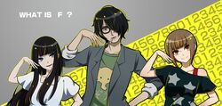  1boy 2girls bangs black_hair blue_eyes blunt_bangs bob_cut brown_eyes brown_hair cigarette eyelashes glasses hand_on_hip jacket long_hair looking_at_viewer magata_shiki multiple_girls nishinosono_moe off-shoulder_shirt parted_lips pose ram_(ramlabo) saikawa_souhei shirt smile subete_ga_f_ni_naru upper_body 