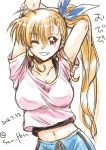  1girl 2016 arm_up blonde_hair blush breasts dasuto dated grin hand_behind_head large_breasts long_hair looking_at_viewer lyrical_nanoha mahou_shoujo_lyrical_nanoha_vivid older one_eye_closed red_eyes side_ponytail smile solo translation_request twitter_username vivio 