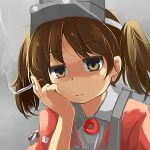 1girl brown_eyes brown_hair cigarette commentary derivative_work empty_eyes frown head_rest kantai_collection kion-kun lowres ryuujou_(kantai_collection) smoke solo twintails upper_body visor_cap 