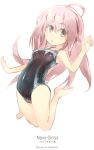  1girl ahoge barefoot brown_eyes highres jumping konno_takashi_(frontier_pub) long_hair original pink_hair school_swimsuit shiny shiny_clothes swimsuit 