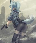  1girl animal_ears ass bike_shorts black_gloves fingerless_gloves fox_ears fox_tail glock gloves gun handgun load_bearing_vest muted_color noconol open_mouth original pistol ponytail red_eyes silver_hair solo tail trigger_discipline weapon 