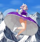  1girl apron blue_eyes boots from_below full_body grimay hat lavender_hair letty_whiterock long_sleeves looking_at_viewer mountain open_mouth panties pantyshot polka_dot polka_dot_panties puffy_sleeves purple_panties shirt short_hair skirt skirt_set sky smile solo touhou turtleneck underwear upskirt vest waist_apron 