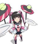  black_hair bodysuit covered_navel from_above full_body looking_up motion_lines pink_eyes plate rikopin senki_zesshou_symphogear simple_background skin_tight skirt spinning standing tsukuyomi_shirabe twintails white white_background 