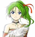  1girl aitaso baby blue_eyes bow breasts cape detached_sleeves dress earrings elbow_gloves final_fantasy final_fantasy_vi gloves green_hair hair_ribbon jewelry long_hair lowres ponytail ribbon strapless strapless_dress tina_branford 