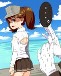  ... 1girl admiral_(kantai_collection) brown_eyes brown_hair empty_eyes gloves kantai_collection long_hair open-chest_sweater ryuujou_(kantai_collection) shaded_face skirt solo_focus spoken_ellipsis subaru_(797529) sweat sweater turtleneck twintails visor_cap you&#039;re_doing_it_wrong 