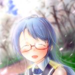  1girl ^_^ bespectacled blue_hair blurry blush closed_eyes day depth_of_field dutch_angle face facing_viewer glasses grass hanami kantai_collection naviyu_elin open_mouth outdoors petals red-framed_glasses samidare_(kantai_collection) semi-rimless_glasses smile solo tree under-rim_glasses 