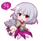  1girl bad_id bad_twitter_id bow bowtie chibi dated dress jacket kishin_sagume open_clothes purple_dress red_eyes shiohachi shirt short_hair silver_hair single_wing solo touhou wings 