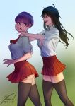  2girls black_hair blue_eyes breasts cleavage long_hair multiple_girls open_clothes open_shirt original purple_hair reccu school_uniform shirt short_hair skirt thigh-highs zettai_ryouiki 