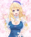  1girl :d atago_(kantai_collection) beret blonde_hair blue_eyes blue_hat blush breasts buttons cherry_blossoms cleavage cleavage_cutout collared_shirt hands_up hat head_tilt kantai_collection lace lace-trimmed_sleeves large_breasts long_hair long_sleeves looking_at_viewer open_hand open_mouth petals ribbed_sweater round_teeth shirt smile solo striped sweater teeth upper_body vertical_stripes very_long_hair white_shirt yahako 