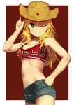  1girl ;) absurdres ahoge bare_shoulders blonde_hair blush breasts cleavage commentary_request cowboy_hat crop_top denim denim_shorts green_eyes hand_on_hip hat highres hoshii_miki idolmaster long_hair looking_at_viewer midriff navel one_eye_closed pettan_p short_shorts shorts smile solo star star-shaped_pupils symbol-shaped_pupils 