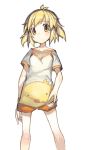  1girl blonde_hair blush kokaki_mumose looking_at_viewer senki_zesshou_symphogear shirt short_hair solo t-shirt tachibana_hibiki_(symphogear) 