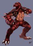  1boy abs artist_name blue_background boots cape dinosaur_boy fingerless_gloves gloves heiyand highres king_of_dinosaurs navel open_mouth shirtless simple_background solo tail the_king_of_fighters the_king_of_fighters_xiv yellow_eyes 