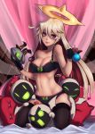  1girl black_legwear bow bow_bra bow_panties bra breasts candy gloves guilty_gear guilty_gear_xrd halo highres its_just_suppi jack-o_(guilty_gear) lace-trimmed_bra lace-trimmed_panties lollipop long_hair looking_at_viewer mask multicolored_hair panties pillow red_eyes redhead robot smile stomach straddling two-tone_hair underwear underwear_only white_hair 
