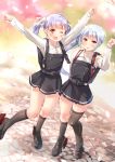  2girls arm_up asymmetrical_legwear backpack bag belt blue_hair brown_eyes buttons clenched_hands daihatsu_(landing_craft) dress grey_legwear hair_ribbon jumper juurouta kantai_collection kasumi_(kantai_collection) kneehighs long_hair long_sleeves looking_at_viewer multiple_girls one_eye_closed ooshio_(kantai_collection) open_mouth outstretched_arms petals purple_hair randoseru remodel_(kantai_collection) ribbon school_uniform searchlight shirt side_ponytail silver_hair single_kneehigh single_thighhigh sleeveless sleeveless_dress smile standing suspenders thigh-highs twintails violet_eyes white_shirt 
