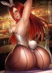  1girl animal_ears arm_up armpits ass badcompzero bare_back blush breasts bunny_tail bunnysuit green_eyes highres katarina_du_couteau league_of_legends light_smile lips long_hair pantyhose parted_lips rabbit_ears redhead scar solo tail tattoo 
