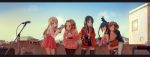  5girls :o :t ^_^ absurdres adventure_time akiyama_mio arm_up bag bangs belt black_eyes black_hair black_legwear black_shorts blue_eyes blush blush_stickers brown_hair building cable camera castle character_print character_request clenched_hands closed_eyes closed_mouth coat collared_shirt crossover cup dress hairband happy heart heart_print highres hirasawa_yui holding holding_camera hood hoodie jake k-on! kotobuki_tsumugi legs_apart letterboxed long_hair long_sleeves looking_at_another looking_to_the_side microphone_stand multiple_crossover multiple_girls nakano_azusa neck_ribbon one-punch_man panda_print pantyhose pink_skirt poster pouring red_eyes ribbon shirt short_hair shorts shoulder_bag skirt sky smile speaker standing star star_print steamy_tomato string suspender_skirt suspenders sweater tainaka_ritsu tatsumaki tea teacup teapot thermos thigh-highs turtle twintails v white_legwear white_shirt 