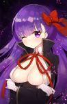  1girl ;o ayami_(annahibi) bangs bb_(fate/extra_ccc) blush breasts cleavage crossed_arms eyebrows_visible_through_hair fate/extra fate/extra_ccc fate_(series) gloves hair_ribbon highres large_breasts long_hair looking_at_viewer one_eye_closed open_short parted_lips purple_hair red_ribbon ribbon solo sweatdrop upper_body violet_eyes white_gloves 