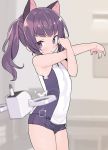  1girl animal_ears black_shorts blade_(galaxist) cat_ears character_request copyright_request cowboy_shot drone long_hair looking_at_viewer purple_hair shirt short_shorts shorts sleeveless sleeveless_shirt solo stretch violet_eyes white_shirt 