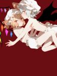  2girls bat_wings blonde_hair bloomers blue_hair commentary_request flandre_scarlet hat mob_cap multiple_girls nikigo_nuno profile red_background red_eyes remilia_scarlet short_hair siblings side_glance simple_background sisters topless touhou underwear underwear_only white_hat wings 