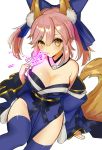  6_(roku) animal_ears blue_legwear breasts caster_(fate/extra) cleavage detached_sleeves fate/extra fate/stay_night fate_(series) fox_ears fox_tail hair_ribbon japanese_clothes large_breasts looking_at_viewer pink_hair ribbon simple_background tail white_background yellow_eyes 