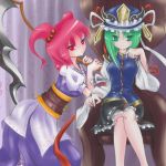  2girls asymmetrical_hair chair coin crossed_legs embroidered facing_viewer green_eyes green_hair hair_bobbles hair_ornament hat indoors leaning_on_object long_hair looking_at_viewer multiple_girls obi onozuka_komachi pink_hair raptor7 red_eyes runes sash scythe shiki_eiki sitting touhou twintails uniform 