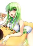  1girl :o =_= bare_legs bare_shoulders blush breast_press breasts c.c. cheese cheese-kun cheese_trail code_geass collarbone dress eating eyebrows eyebrows_visible_through_hair food green_hair hair_between_eyes highres holding holding_food large_breasts long_hair looking_at_viewer lying mushroom on_stomach open_mouth pizza skin_tight slice_of_pizza solo straddling thighs tomato tongue tsurime vegetable very_long_hair white_dress yellow_eyes yu-ta 