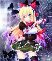  1girl black_shirt blonde_hair bow butterfly candy candy_cane cowboy_shot eyepatch flower_knight_girl gradient_hair green_skirt haineko_(die_verschwand) hair_bow hairband ivy_(flower_knight_girl) long_hair multicolored_hair purple_hair red_bow shirt silk skirt solo spider_web thigh-highs 