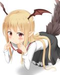  1girl absurdres black_skirt blonde_hair blush fang granblue_fantasy head_wings highres long_hair looking_at_viewer nedia_r pointy_ears red_eyes simple_background skirt solo tail vampy white_background 