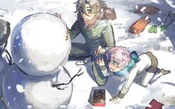  2boys akita_toushirou all_fours aqua_eyes bayashiko brown_eyes brown_hair male_focus multiple_boys open_mouth otegine outdoors pink_hair scarf short_hair snow snowman squatting touken_ranbu 