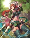  1girl breasts copyright_name large_breasts long_hair newey polearm red_eyes redhead solo spear tenkuu_no_crystalia tree water weapon 