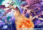  3girls bare_shoulders bat_wings black_boots blue_boots blue_legwear boots clouds crossover fireball flying full_body full_moon green_hair head_wings league_of_legends midriff moon morgana morrigan_aensland multiple_girls navel open_mouth pointy_ears purple_hair purple_legwear signature vampire_(game) vampire_vamp watermark wings yuu-gi-ou 