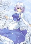  1girl apron breasts clouds cloudy_sky cross_(crossryou) forest hat large_breasts lavender_eyes lavender_hair letty_whiterock long_sleeves nature open_mouth outstretched_arms puffy_short_sleeves puffy_sleeves shirt short_over_long_sleeves short_sleeves skirt sky snowing solo touhou tree triangular_headpiece vest waist_apron 