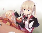  2girls ^_^ blonde_hair blue_eyes chopsticks closed_eyes eating flower graf_zeppelin_(kantai_collection) hair_flower hair_ornament happy hiiragi_souren kantai_collection kotatsu multiple_girls musical_note ro-500_(kantai_collection) spoken_musical_note table under_kotatsu under_table zouni_soup 