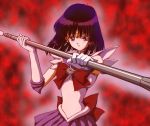  1girl bishoujo_senshi_sailor_moon black_hair bow brooch brown_bow choker earrings elbow_gloves gloves hino_ryutaro jewelry looking_at_viewer magical_girl red_background sailor_saturn serious short_hair silence_glaive solo staff tiara tomoe_hotaru upper_body violet_eyes white_gloves 