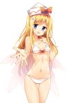  1girl ass_visible_through_thighs bangs bikini blonde_hair blue_eyes blush bow cowboy_shot eyebrows fairy_wings flower hair_flower hair_ornament hat highres lily_white long_hair looking_at_viewer maturiuta_sorato navel open_mouth outstretched_arm outstretched_hand petite red_bow simple_background smile solo standing swimsuit thigh_gap touhou white_background white_bikini wings 