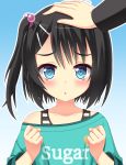  1girl black_hair blue_eyes blush dracu-riot! hair_ornament hairclip highres houkiboshi mera_azusa petting short_hair solo_focus 